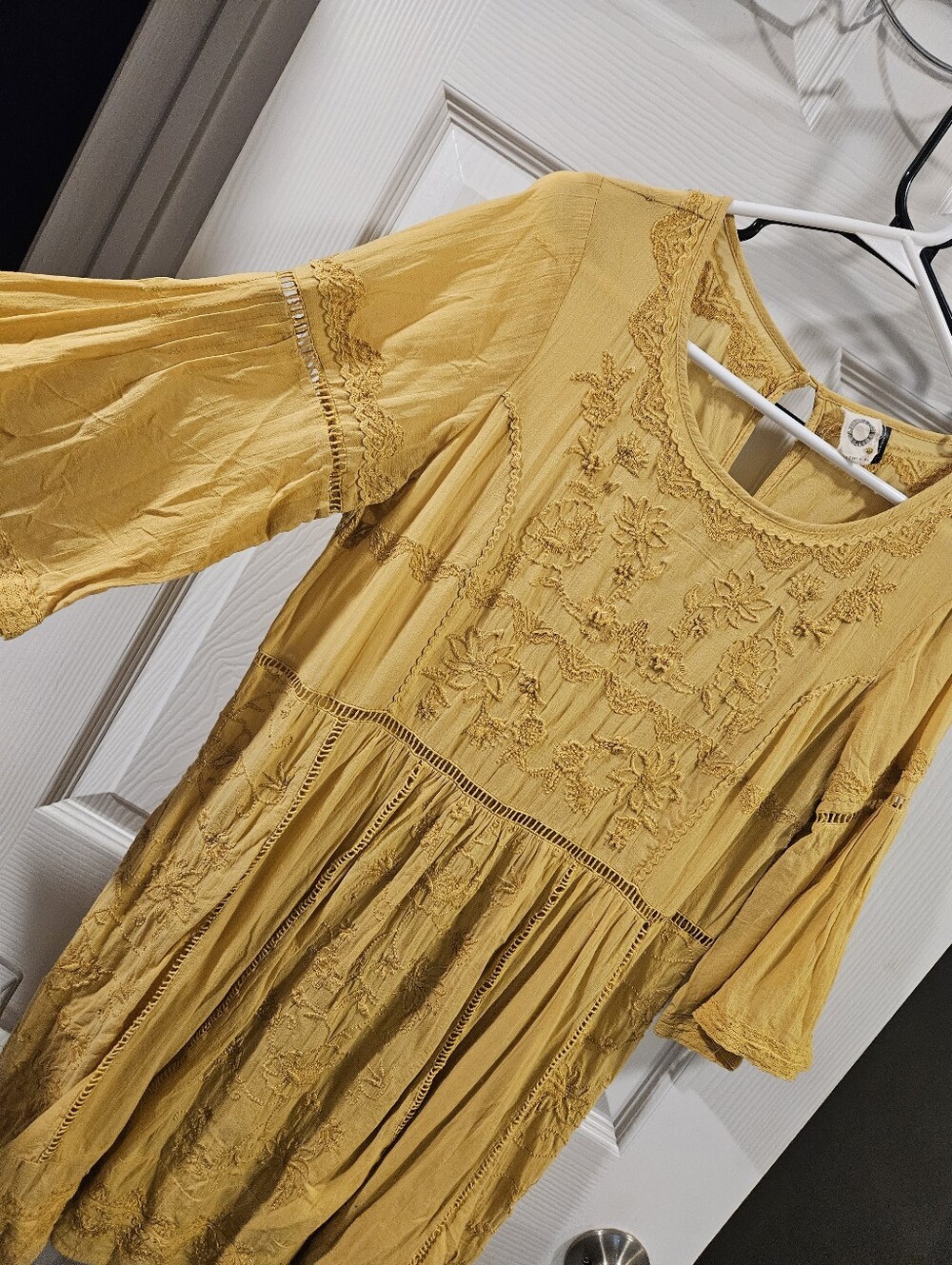 Anthropologie Mustard Yellow Embroidered Boho Dress